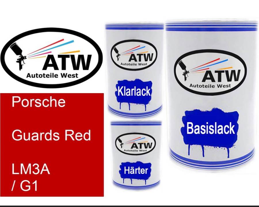 Porsche, Guards Red, LM3A / G1: 500ml Lackdose + 500ml Klarlack + 250ml Härter - Set, von ATW Autoteile West.